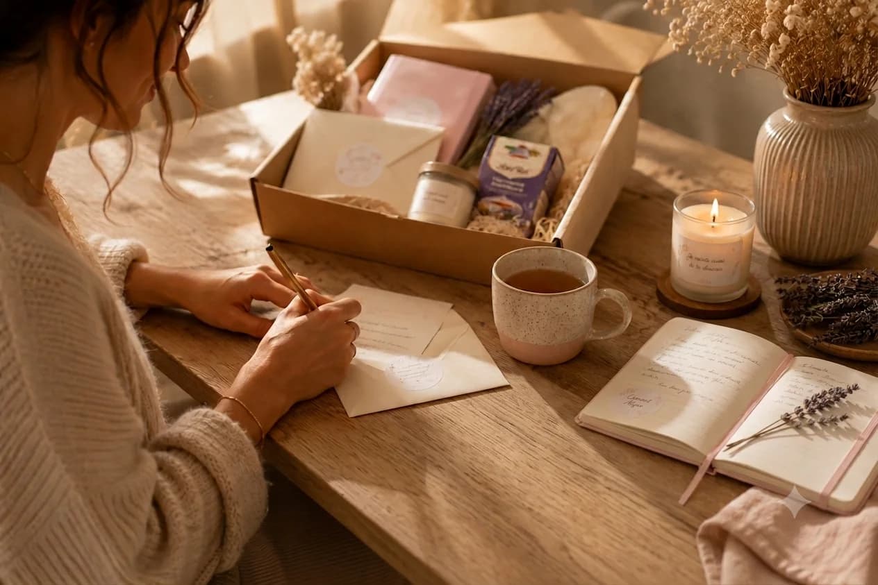 Coffret Hestia fermé, ruban olive et brin de lavande