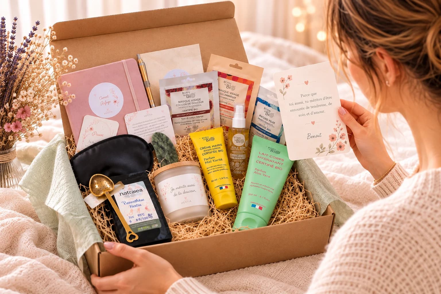 Une maman découvre son coffret Hestia et sa carte d'accueil