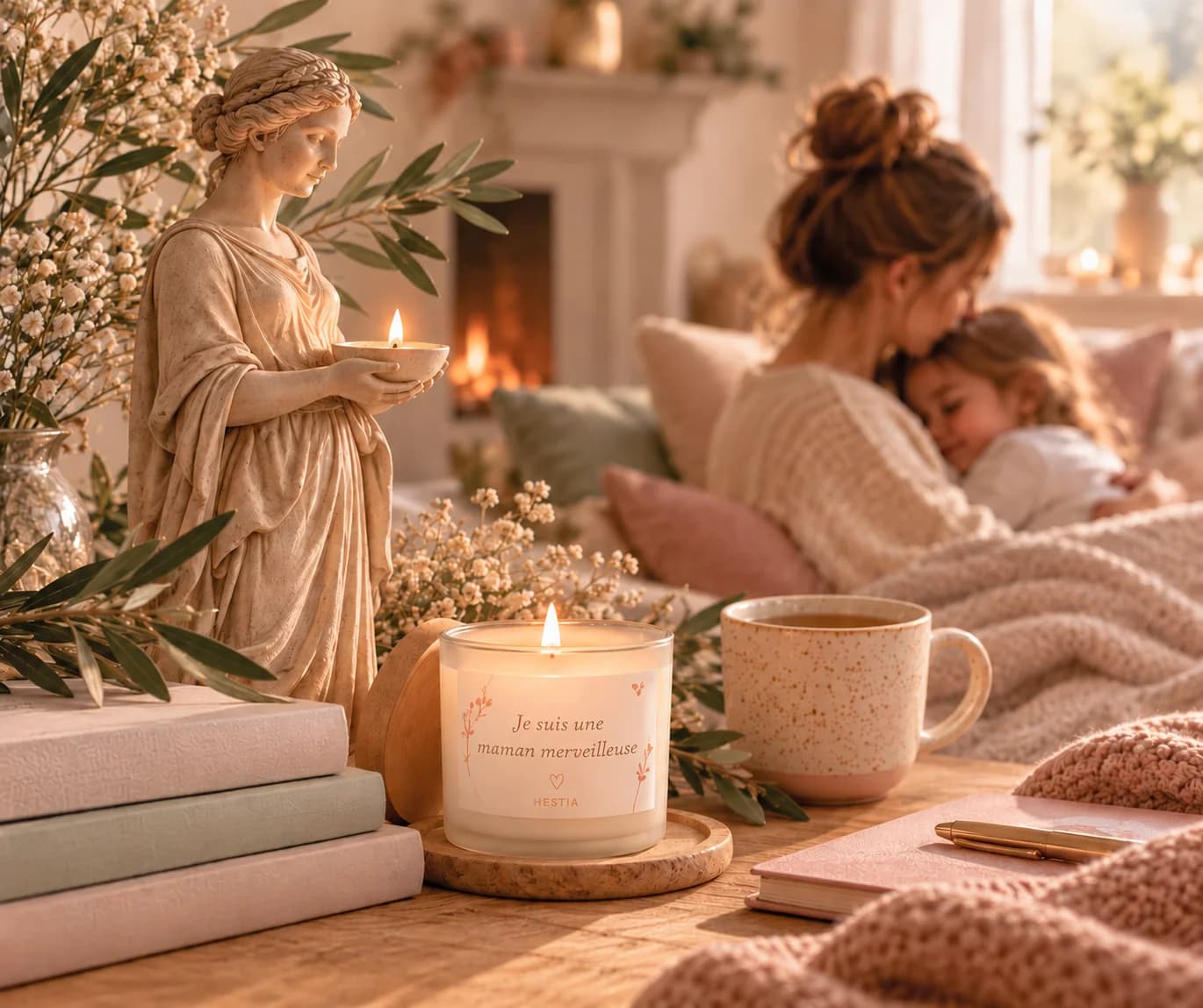 Coffret Hestia fermé, ruban olive et brin de lavande